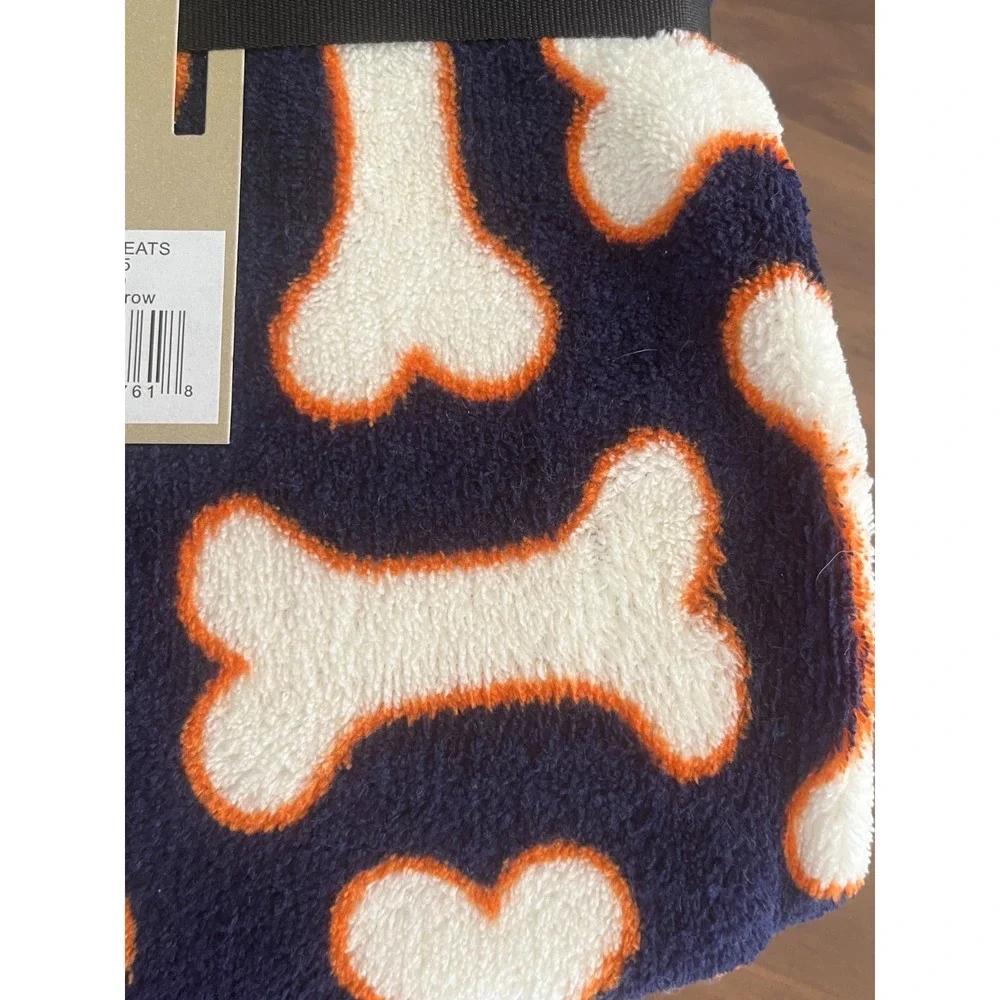 PB Paws & Co. Dog Treats Throw Blanket 50x60 Fleece Navy White Orange Bones Soft
